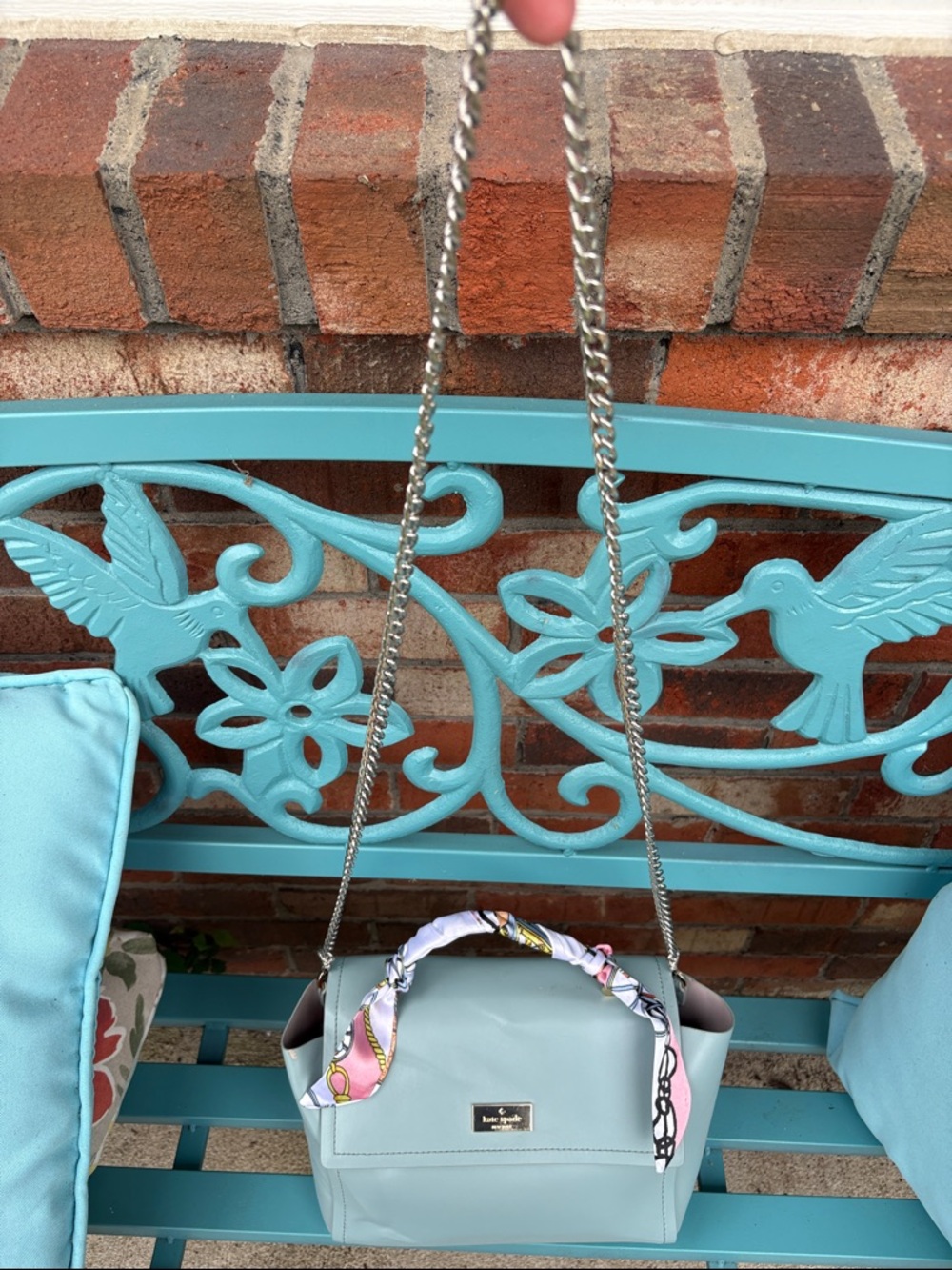 Kate Spade slate blue bag with Scarf-Wrapped Handle and silver chain crossbody. - Picture 7 of 13
